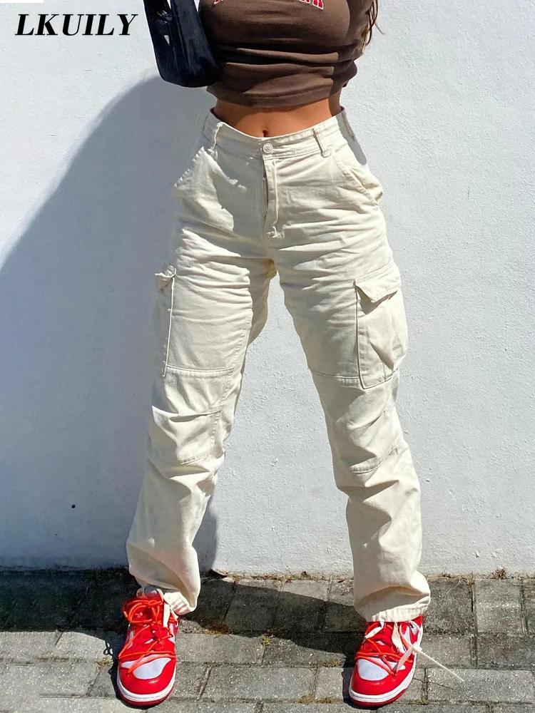 Vintage Cargo Pants Baggy Jeans Women  90s Streetwear Pockets Overalls ArmyGreen High Waist Loose Y2k Denim Trousers