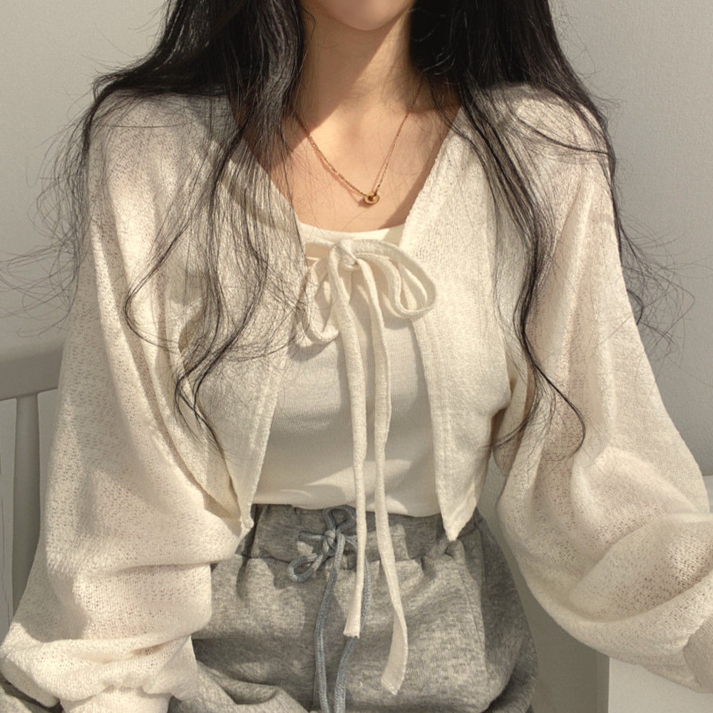Thin White Cardigan Bandage Lantern Sleeve Short Coat Pull Femme Knitwear Top Girl Cardigan  Style Casual T Shirt