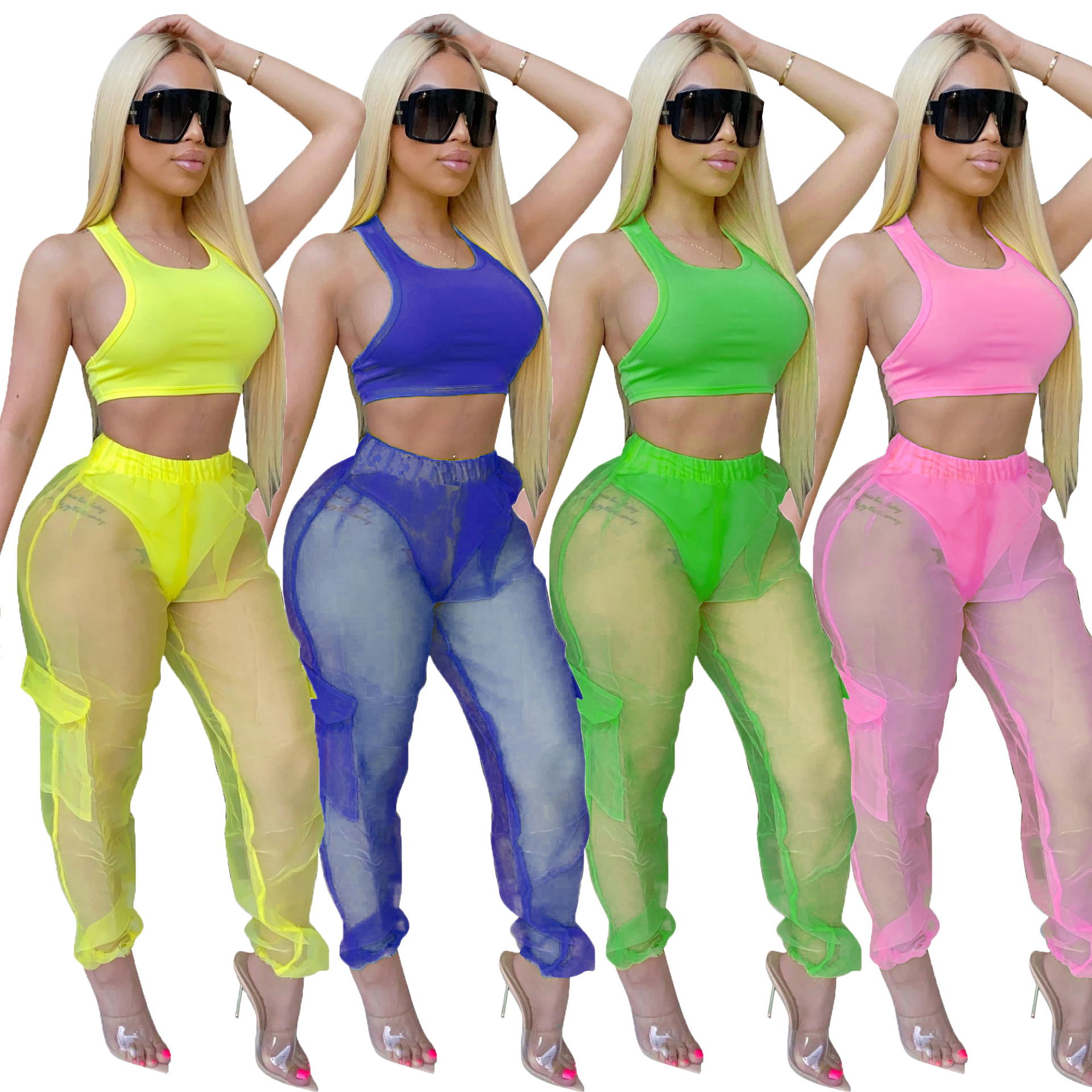 Women Two Pieces Sets Summer Tracksuits Mesh Perspective Tank Tops+Pants Suit Jogger Sporty Fitness Outfits 2 Pcs Streetwear
