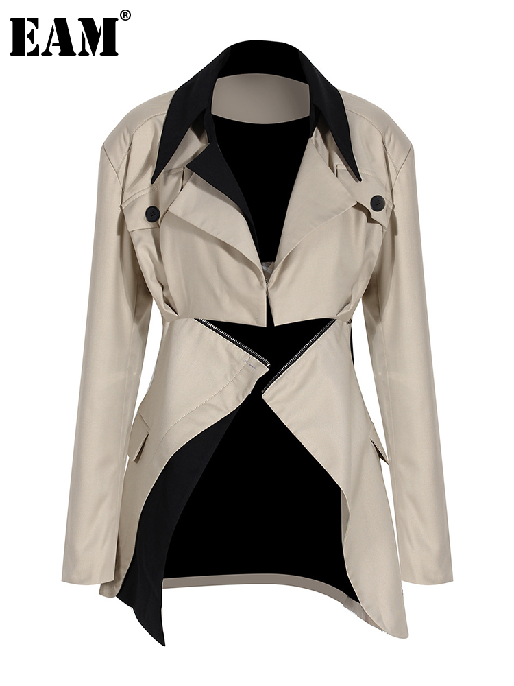 [EAM] Loose Fit Khaki Two Ways Wear Irregular Jacket Lapel Long Sleeve Women Coat  Tide Spring Autumn  1DE7081