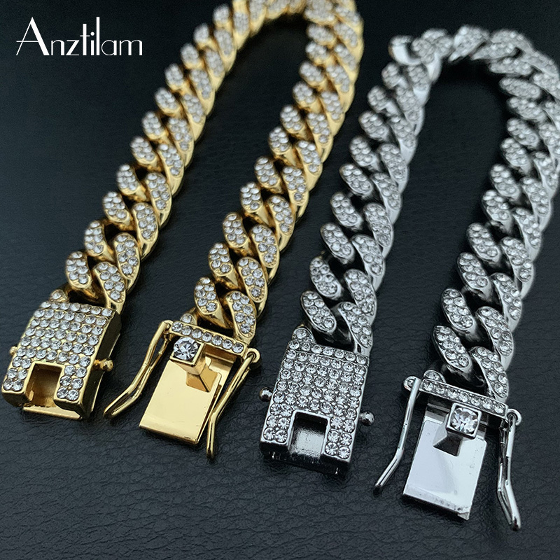 High-  51g Hip Hop Full AAA Stone Bling Iced Out Pave Men's Bracelet Miami Cuban Link Chain Bracelets for Men Jewelry