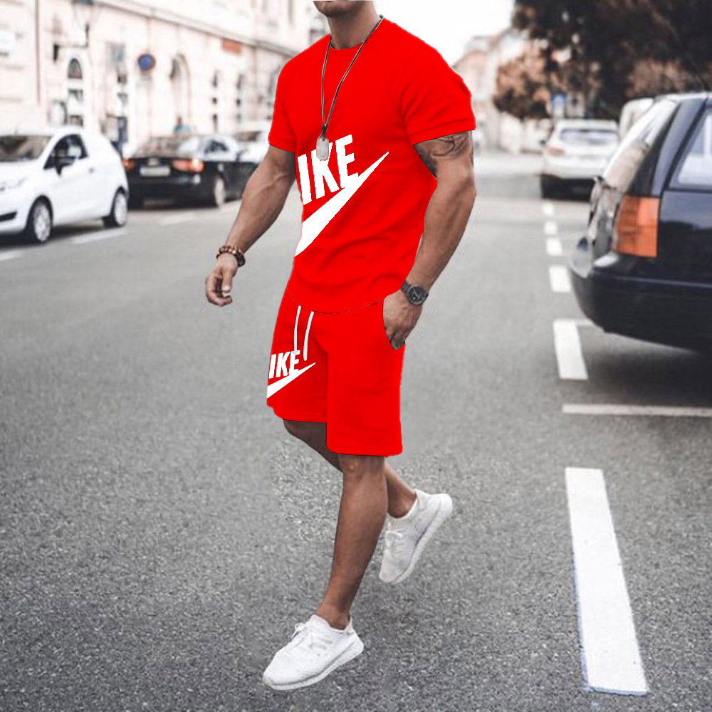 Summer Men's Fitness  Men's Casual Sportswear Suit Oversized Sports Suit Short-Sleeved T-Shirt + Shorts 2-Piece Se