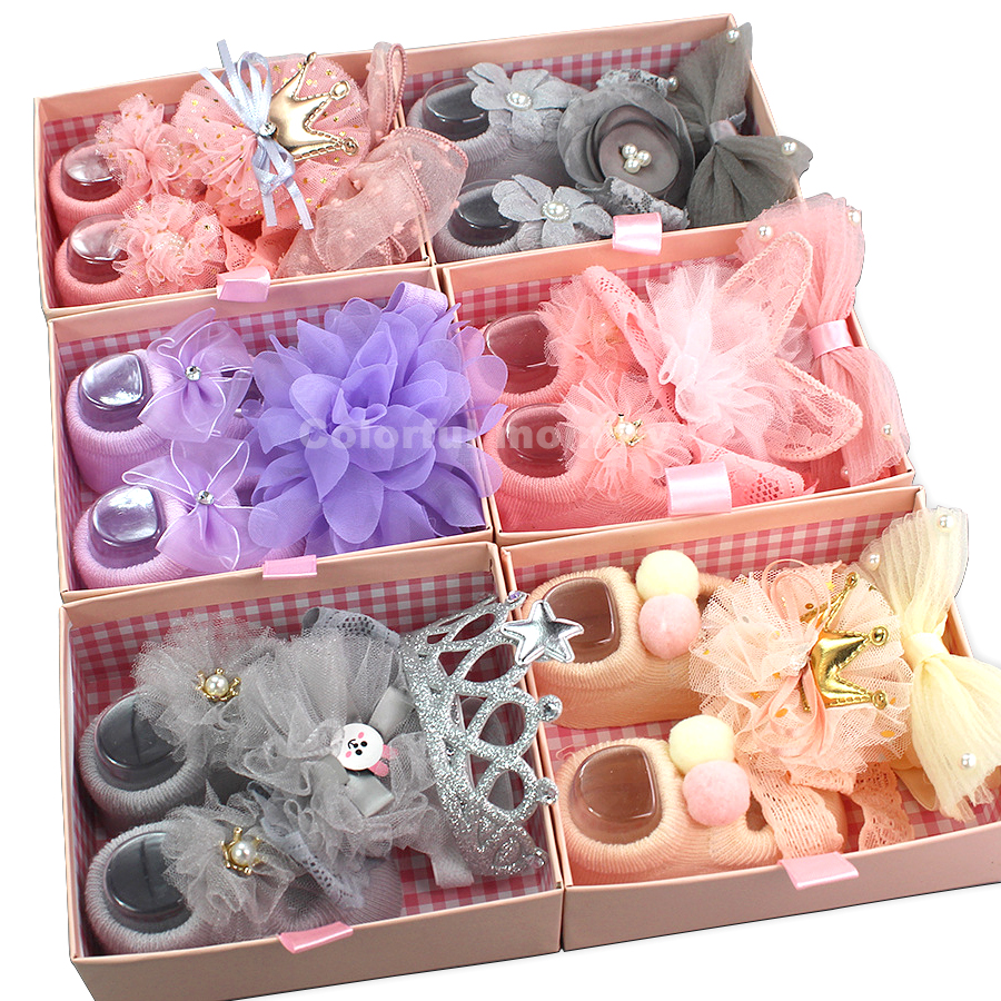 Infant Newborn Baby Girls 3Pcs/Set Slipper Socks Headband Gift Foot Socks Lace Crown Hair Band Accessories Po Props Meias