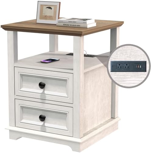 End Table with Fast USB C Charging Station, 24” Tall Sofa Side Table with 2 Drawers, Large Storage Rustic Wood Square Storage Cabinet for Living Room,Bedroom,Office, White